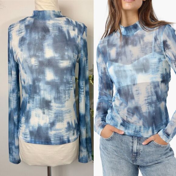 Noisy May Blue Cloud Mesh Mock Neck Top | Large - Picture 1 of 10